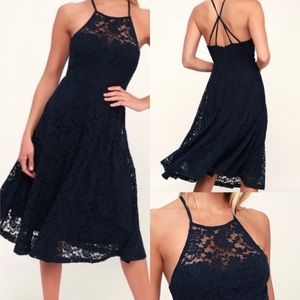 Lulu's Spectacular Navy Blue Lace Midi Dress | Small